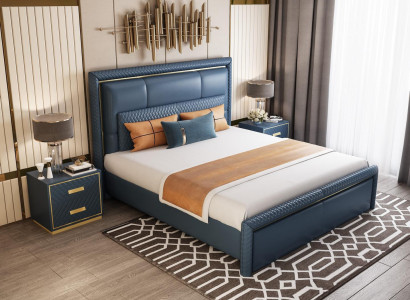 Schlafzimmer Set Bett 2x Nachttisch 3 tlg Design Modern Luxus Blau Gold